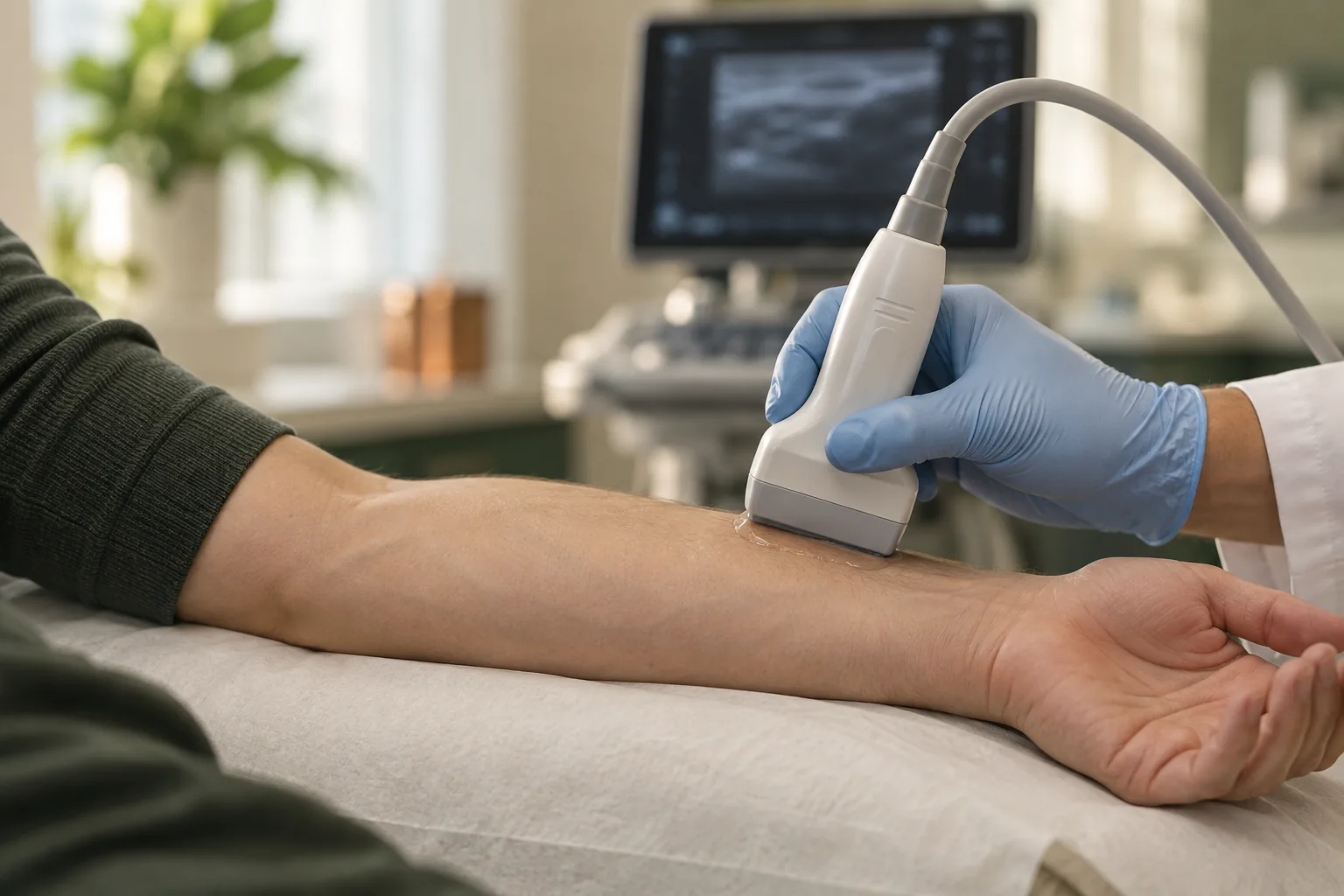 Illustration générée par IA : sonde externe sur un avant-bras, sans résultat diagnostique