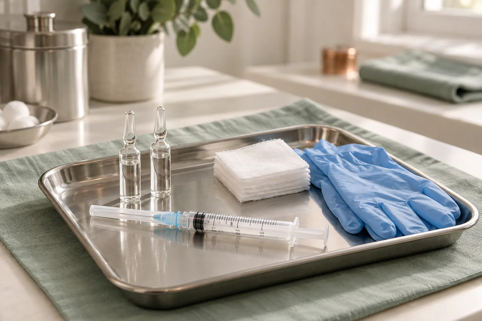 Illustration générée par IA : matériel d’injection protégé et ampoules sans marque
